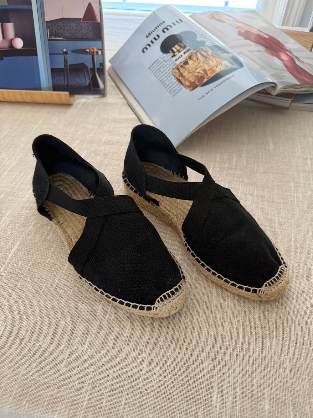 Black Espadrille Slip-On Flats with Elastic Cross Strap